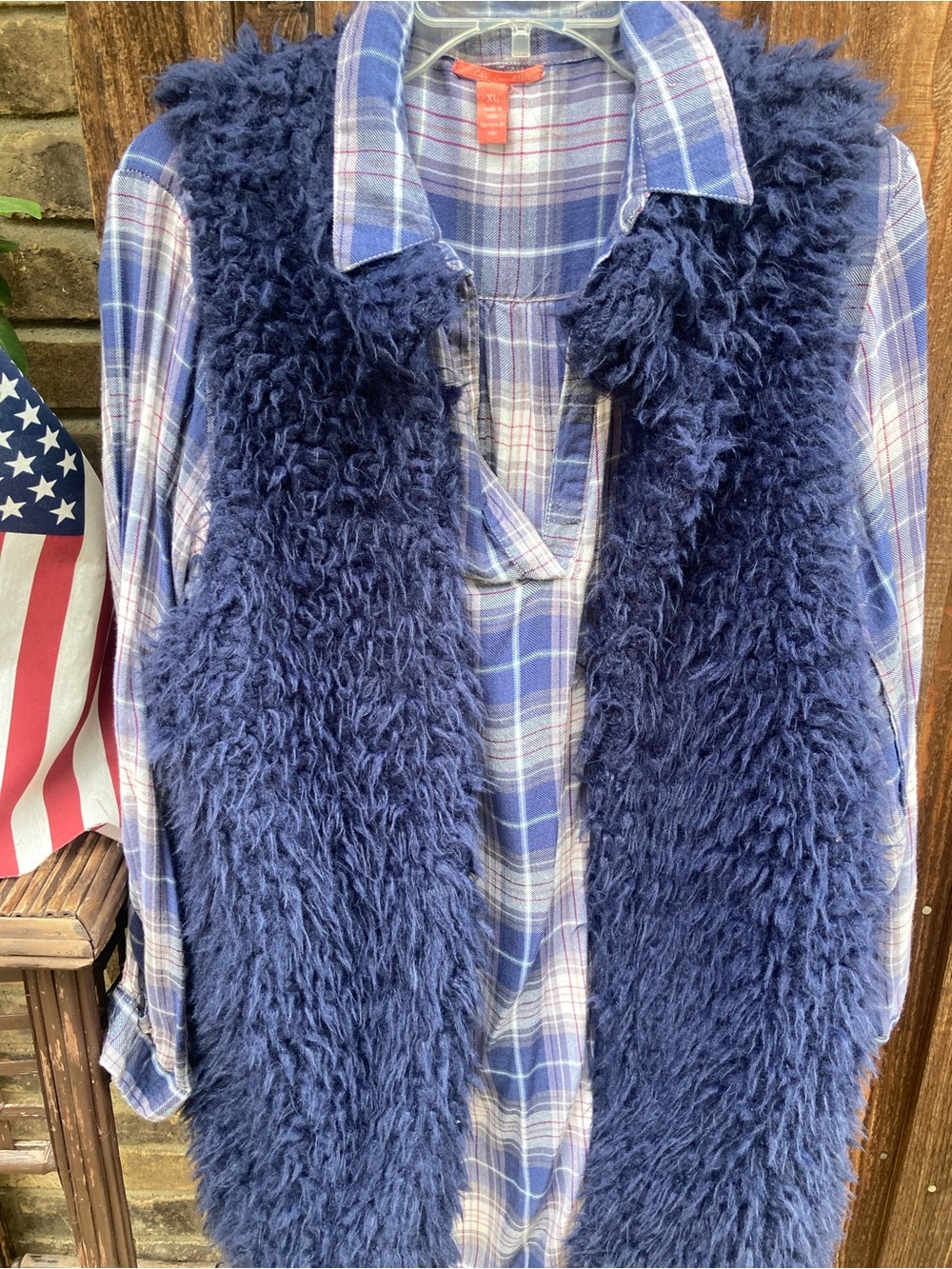 Chelsea & Violet Blue Plaid Button-Down with Navy Faux Fur Vest